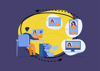 Aufkleber - Man hacking into account of woman vector illustration. Cartoon drawing of hacker stealing social network data of girl. Cybersecurity, safety, personal information, internet concept