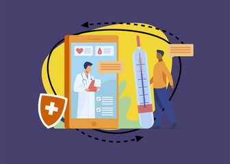 Poster - Online doctor support via smartphone vector illustration. Mobile medicine assistance chat with physician or nurse. Medical treatment, healthcare, and pharmaceutics concept for website design