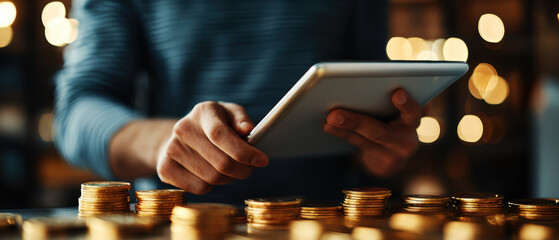 A person interacts with a digital tablet while surrounded by stacks of coins, suggesting themes of finance, savings, or investment.