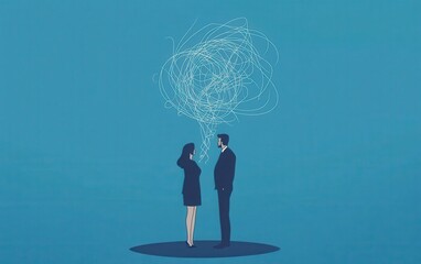  A vector illustration of a man and woman attempting to unravel confusing lines floating above their heads, symbolizing confusion in a business plan or strategy. 