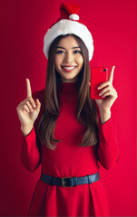 Attractive young woman in red dress and Santa Claus hat holding red smartphone on red festive background and pointing finger. Hand gesture attracting attention. Holiday Sale.