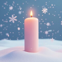 Wall Mural - A minimalist 3D candle icon, glowing softly against a snowy background. The candle is surrounded by gently falling snowflakes, creating a serene holiday ambiance