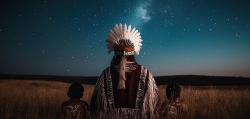 Native American elder in traditional dress, sitting by a campfire under a star-filled sky, sharing stories with younger tribe members