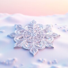 Wall Mural - A minimalistic 3D snowflake icon with intricate designs, resting on a snowy white surface. The background is a gentle pastel gradient, enhancing the holiday feel
