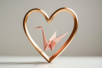 Golden heart with origami paper crane. Love and romantic minimalist creative symbol. Saint Valentine's Day greeting card.