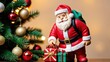 © TheStoodio - A festive Santa Claus figurine holding a gift, standing in front of a decorated Christmas tree. Ideal holiday decor for adding charm and warmth to Christmas celebrations.