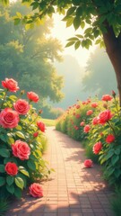 Poster - A path lined with pink flowers leads to a garden