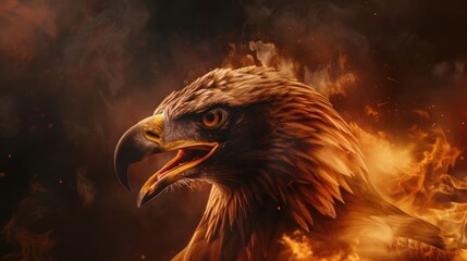 Scary fiery eagle on dark smoky background, AI generated image