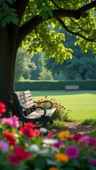 Aufkleber - A park with a bench under a tree and flowers in the background
