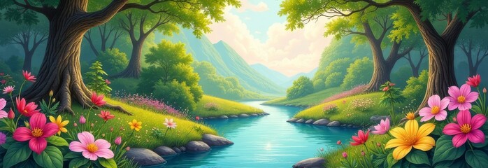 Poster - A beautiful painting of a river with trees and flowers on either side