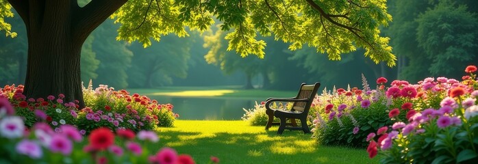 Aufkleber - A park with a bench under a tree and flowers in the background