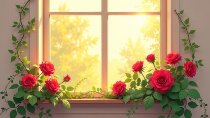 Poster - A window with a view of a tree and a bunch of red roses
