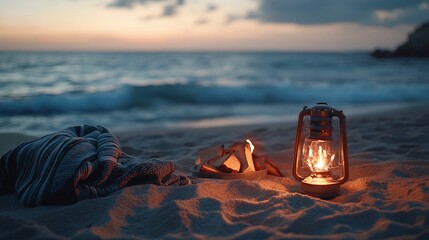 Aufkleber - A lantern sits on a sandy beach with a blanket and seashells, bathed in the warm glow of the setting sun.