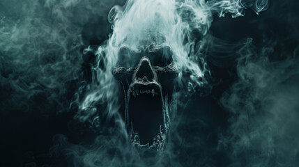 A skull with an open mouth and smoke surrounding it