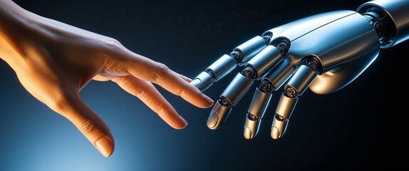 Human and robot hands reaching in contact against dark backdrop