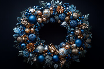 Hanukkah wreath made of blue, white, and silver, with menorah and dreidel elements woven in.