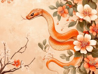 Background with traditional zodiac snake, flowers, and empty copy space for Chinese New Year, emphasizing tradition on a solid color background.