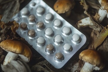 Wall Mural - Pill box with pills on top of a pile of mushrooms. The pill box is silver and has a foil cover