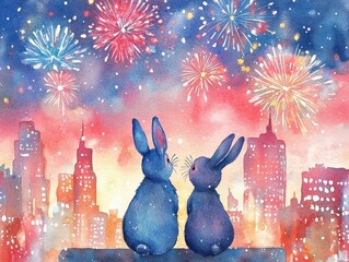 A watercolor illustration depicting two rabbits watching fireworks over a vibrant cityscape, capturing the festive atmosphere of the Chinese New Year during the year of the rabbit.