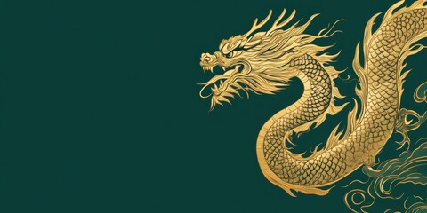 A traditional gold dragon illustration isolated against a green background, leaving space for text or holiday messages, ideal for Chinese New Year designs.