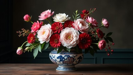 Poster - A vase filled with red and pink flowers sits on a wooden table
