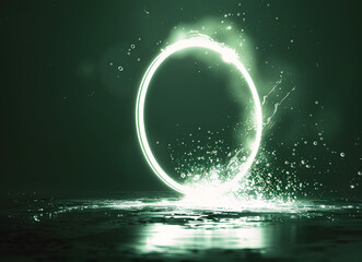 circular, white, glowing light with some small bubbles inside, creating an abstract and futuristic atmosphere. The background is dark green