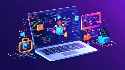 Software, web development, programming concept. Abstract Programming language and program code on screen laptop. Laptop and icons company network . Technology process of Software development
