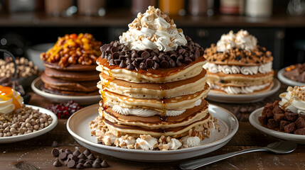 A stack of fluffy pancakes drizzled with maple syrup and topped with chocolate chips, whipped cream, and chopped nuts.