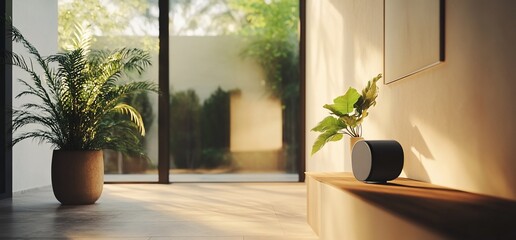 Poster - A minimalist living room with a large window overlooking a garden, a potted plant, and a black speaker on a wooden shelf.