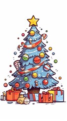 Colorful Christmas tree with ornaments and gifts, creating a festive holiday atmosphere.