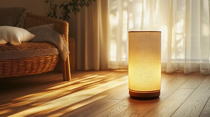 Poster - A modern floor lamp casts a warm glow in a living room, with sunlight streaming through a window behind it. The lamp is made of natural materials and has a simple, elegant design.