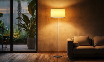 Poster - A modern living room with a floor lamp illuminating a couch, a large window revealing a lush green garden.