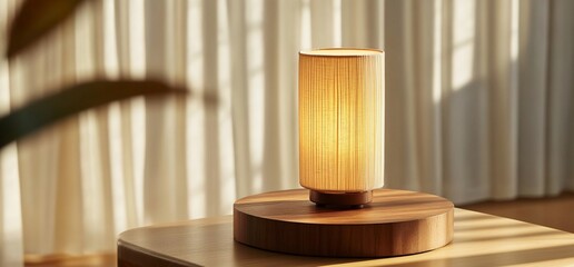Poster - A modern wooden table lamp with a woven shade sits on a wooden table with a blurred background of a window with curtains.