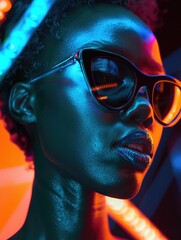 Canvas Print - Woman with a black cat eye sunglasses and a shiny face. The photo is in a neon color