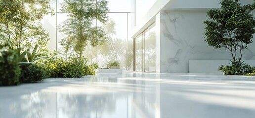 Aufkleber - A modern, bright, and spacious interior space featuring large windows, plants, and a white marble wall.  The space is bathed in natural light.