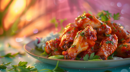 Wall Mural - Close up of a plate of glazed chicken wings with parsley and a blue plate underneath.