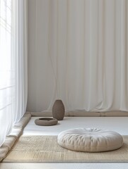 Wall Mural - White room with a white curtain and a white pillow on the floor. A vase is on the floor next to the pillow