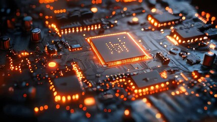 Poster - A high-tech circuit board with intricate designs and orange LED lights, highlighting the concept of technology and innovation