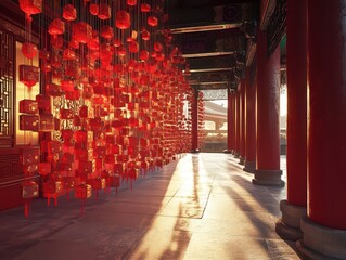 New Year wishes on red charms displayed at the Yong'an Temple in Beihai Park, Beijing, styled for a glamorous magazine with volumetric lighting.