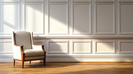 Poster - Cozy corner with elegant armchair and blank wall, perfect for relaxation