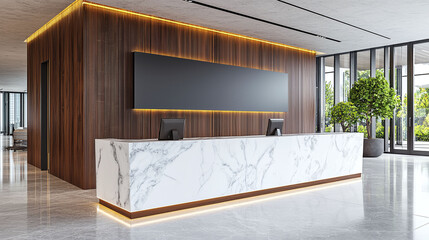 Poster - Modern reception area with marble counter and wooden accents