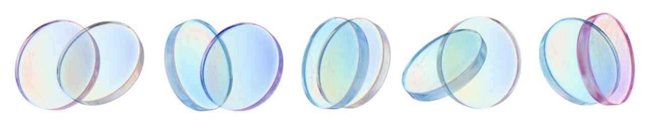 Wall Mural - 3D glass lens icon set, abstract futuristic crystal round shape render, geometric glossy screen kit. Blue plastic plates, creative modern design objects, transparent circle structure. Acrylic 3D glass