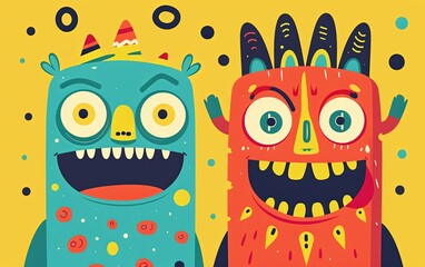 Two cartoon monsters with big eyes and big smiles full of teeth. Imitation of a painted picture. Illustration for banner, poster, cover, brochure or presentation.