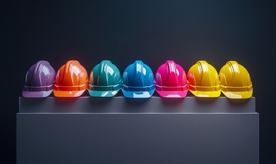 Poster - A row of colorful hard hats on a grey platform against a dark blue background.