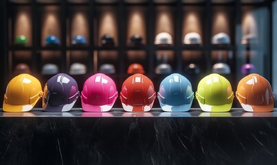 Poster - A row of eight colorful hard hats on a black marble counter with a blurred background of more hard hats on shelves.