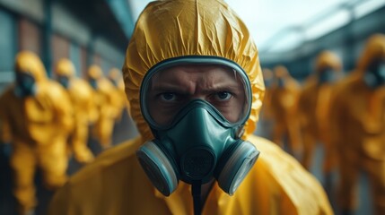 A person with a strong gaze, dressed in a yellow hazmat suit and a protective mask, stands in a determined posture to face potential threats with readiness.