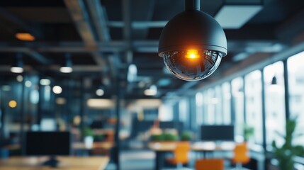 Aufkleber - A security camera hangs from the ceiling in a modern office space, with blurred figures in the background.