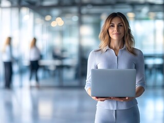 Poster - Businesswoman with Laptop in Modern Office Setting