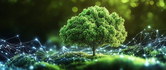 Aufkleber - Symbolic Tree Representing Nature and Technology with Digital Network Linkages : Generative AI