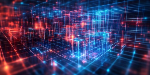 Aufkleber - Abstract digital grid pattern with blue and red neon lights representing futuristic technology : Generative AI